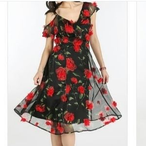 Delicate RED ROSE APPLIQUÉ MIDI